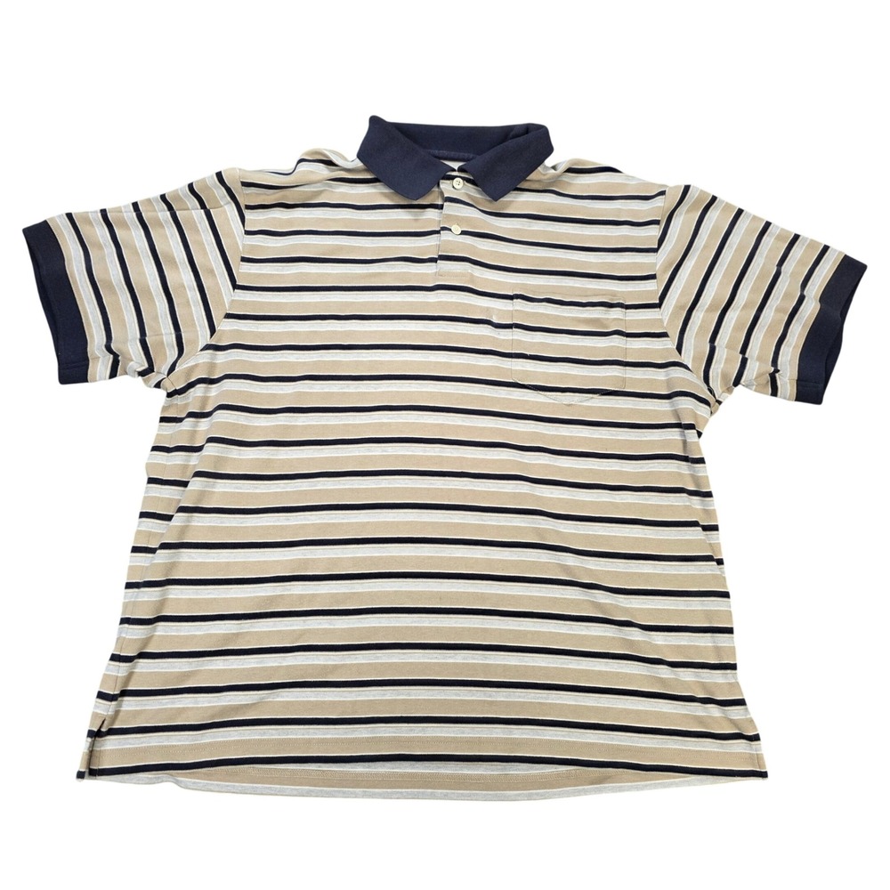 Natural Issue Perform Dri Striped Polo Shirt Men's Size XL Tan Navy Blue